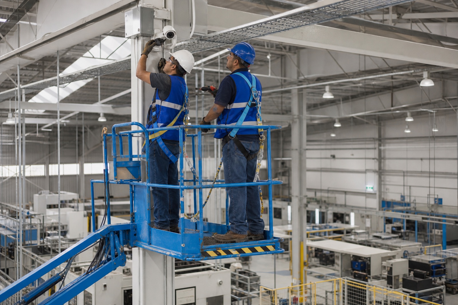 Técnicos con chalecos azul rey trabajando desde una plataforma de elevación en una nave industrial